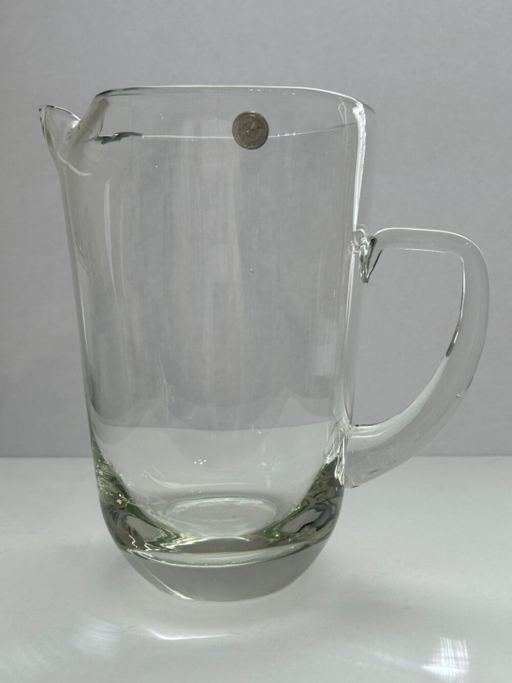 Elegant MCM Clear Handblown Glass Pitcher w/ Handle & Pinched Spout 8" Romania